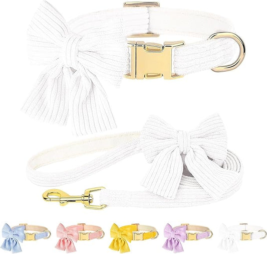 Dog Collar and Leash Set with Bowtie, Girl Dog Collars Metal Buckle Adjustable for Small Medium Dogs (White, S: Neck 10"-16" Leash 5 FT)