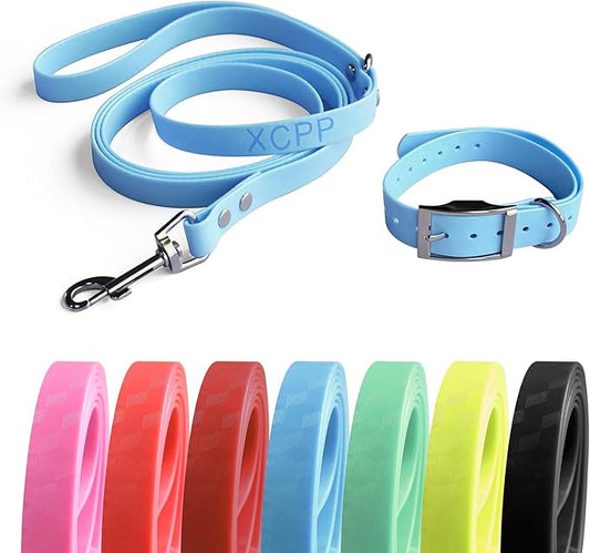 4.2FT Dog Collar and Leash Set, PVC Waterproof Adjustable Odor Proof Pet Collars Leashes, Easy to Clean, Surface 3D Cube Effect, Dog Leash for Small Dogs, Sky Blue