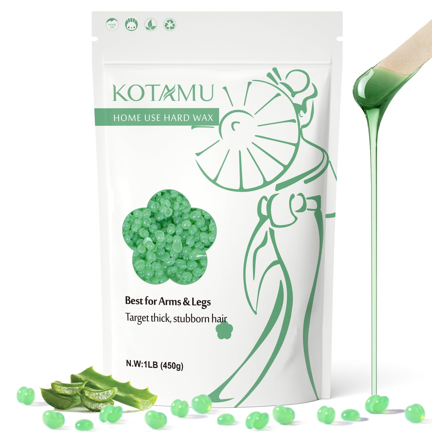 Kotamu Wax Beads 1Lb Aloe Vera Hard Waxing Beans For Hair Removal, Sensitive Skin Waxing Pearls For Women & Men Thick & Stubborn