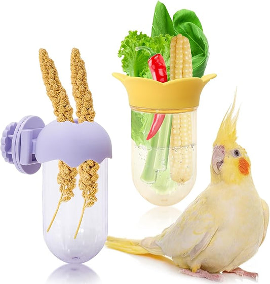 2Pcs Bird Cage Feeder for Vegetable, Parrot Veggies Holder with Water-Storage Design to Keep Greens Fresh, No Mess Hanging Millet Feeder for Parakeet, Quick Clean Clip, No Spill Feeders for Parrots