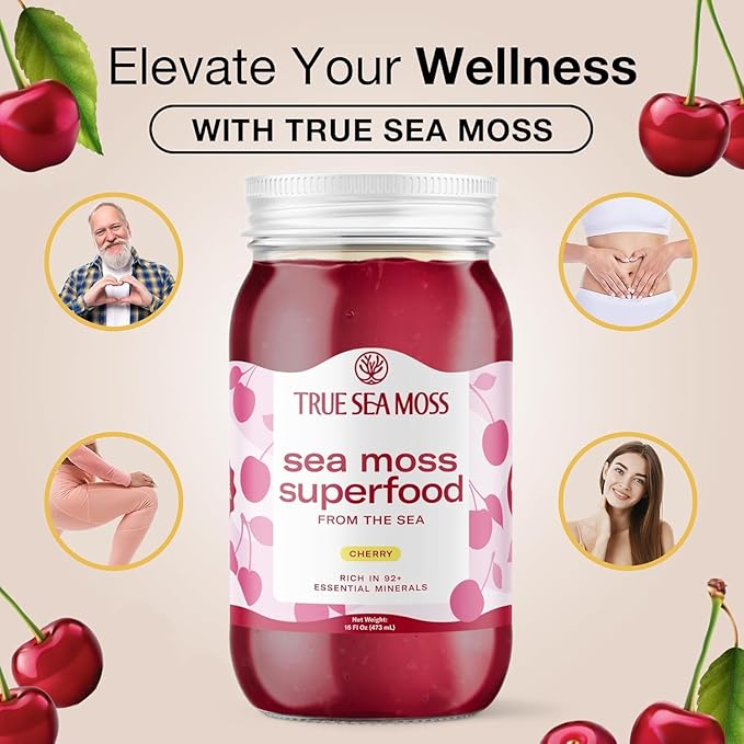 TrueSeaMoss Sea Moss Gel – Made in USA – Wildcrafted Seamoss, Fresh Fruits & Sea Vegetables – Cherry, Pack of 3 (Labels may Vary)