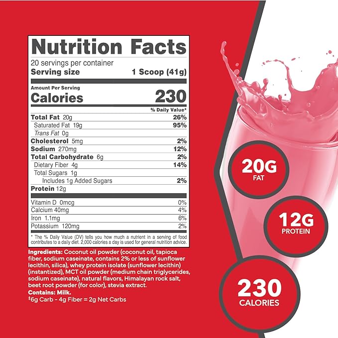 KetoLogic Keto Meal Replacement Shake Powder For Optimal Results + MCT Oil + Grass-Fed Whey - Perfectly Formulated Macros for Ketosis - 20 Servings - Strawberry