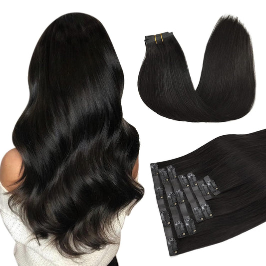 Doores Hair Extensions Seamless Clip In Human Hair, Natural Black 7Pcs 24 Inch 120G, Extensions Seamless Clip In Hair Extensions