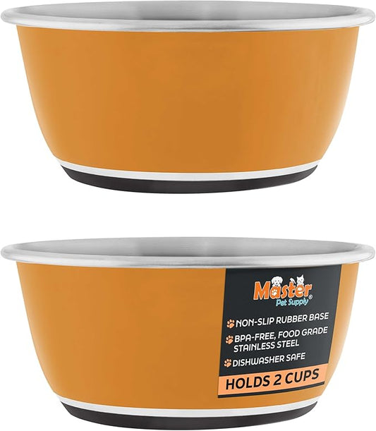 Master Pet Supply Stainless Steel Dog Bowls Set of 2 (16 Oz Each) with Non-Slip Rubber Base - Mango Tango - Basic Dog Food Bowl Water & Food Bowls for Small Medium Large Dogs & Cats, Metal Dish
