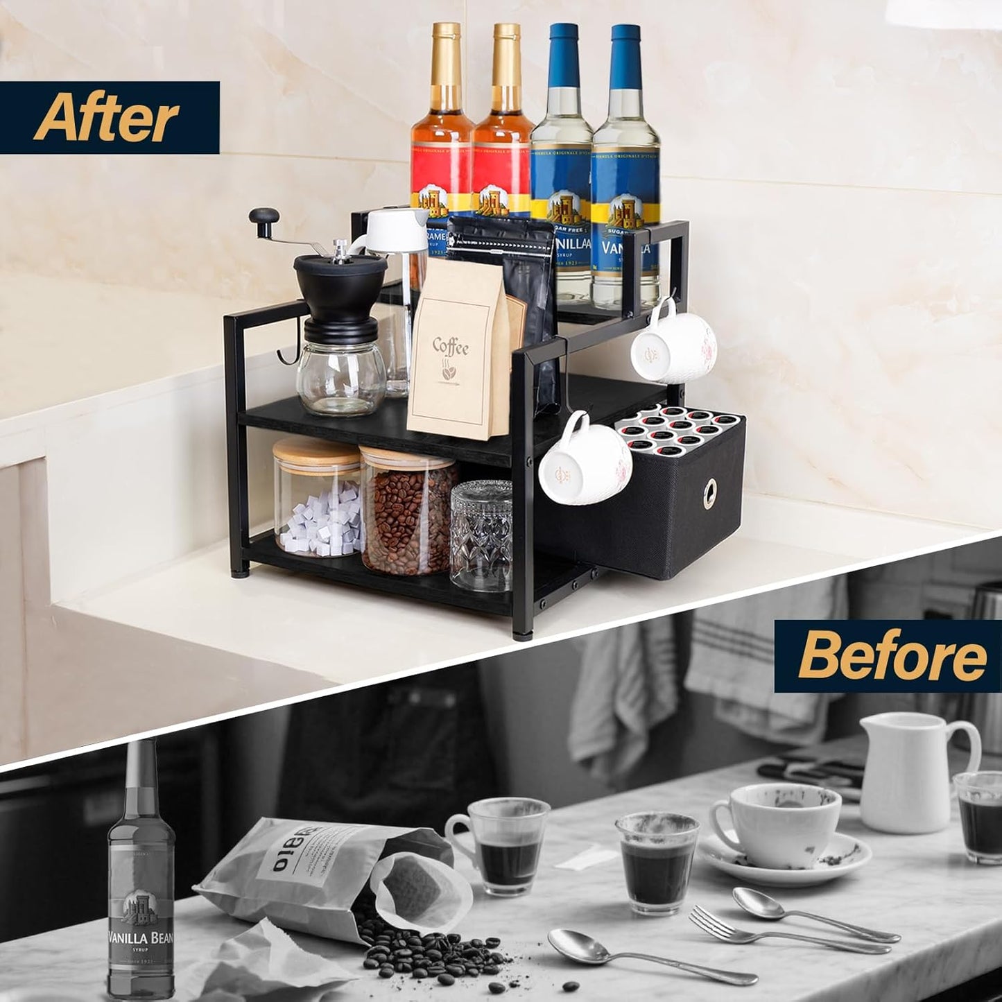 3-Tier Coffee Syrup Organizer (12 Bottles Capacity), Stepped Design Syrup Rack with Fabric Drawer, Liquor Bottle Display Shelf, Bottle Holder for Liquor, Coffee, Spice, Syrup