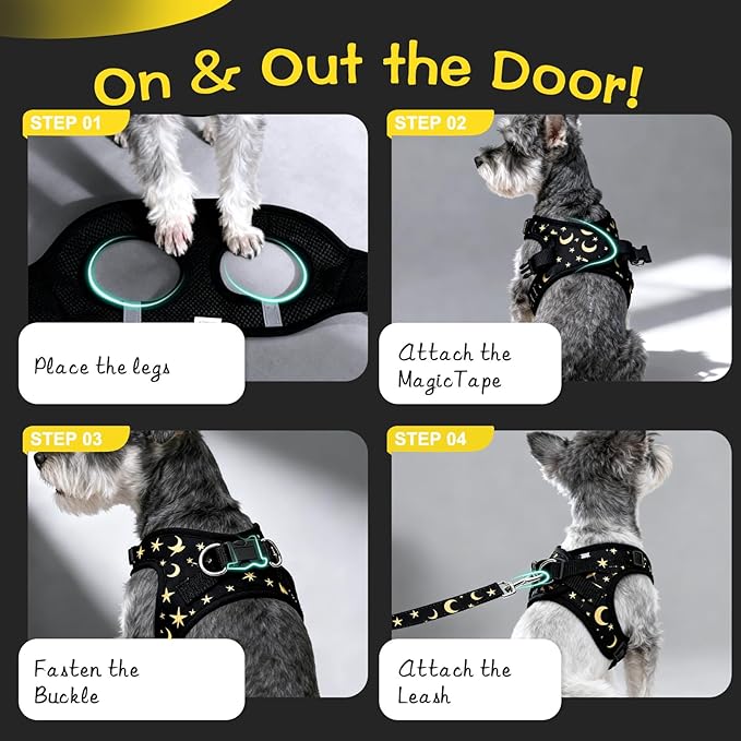 EXPAWLORER Small Dog Harness and Leash Set - Cute Puppy Harness Leash Dog Collar with AirTag Holder Silicone Case, Soft Padded Step in Pet Vest Reflective for Outdoor Walking, Star-Moon M