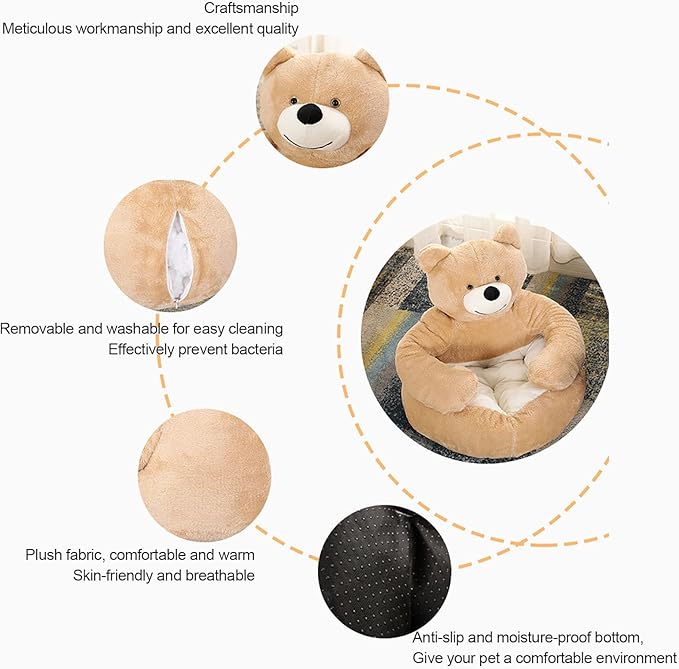 Dog Sofas & Chairs, pet Shape Sofa, Slip Resistant Dog cat Furniture, Adorable Bear Shaped Pet Sofa Bed, Washable Dog cat Couch, Plush Soft Couch for Dogs and Cats S(bottomDiameter46cm) Grey