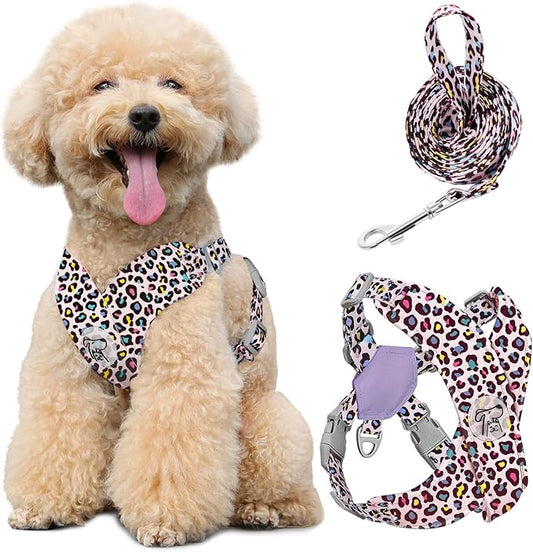 Pawaboo Small Dog Harness and Leash Set, Puppy Harness X-Frame No Pull No Choke, Dog Vest Harnesses Adjustable for Small Medium Sized Dogs,Soft Breathable Pet Harnesses for Walking, M, Pink Leopard