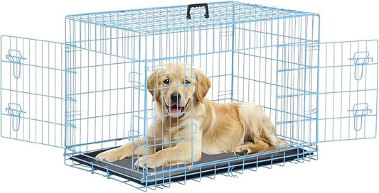 42 Inch Large Dog Crate Dog Kennel Pet Cage Metal Wire Crates Pet Cages Double-Door Folding Kennels with Handle Leak-Proof Pan Tray,Blue