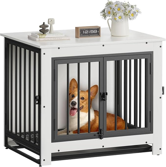 Dog Crate Furniture, 29 Inch Indoor Dog Kennel for Small Dogs Up to 30 LBS, Heavy Duty Wooden Pet Cage End Table with 3 Doors, Alloy Steel Frame & Removable Tray