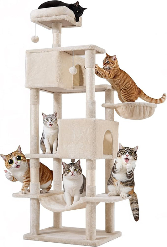 Cat Tree for Indoor Cats, 66 Inches Cat Tower with Scratching Post, Multi-Level Climbing Tree Cat House Padded Plush Perch, Cat Condo Activity Center with Pompoms, Kittens Pet Play House, Beige