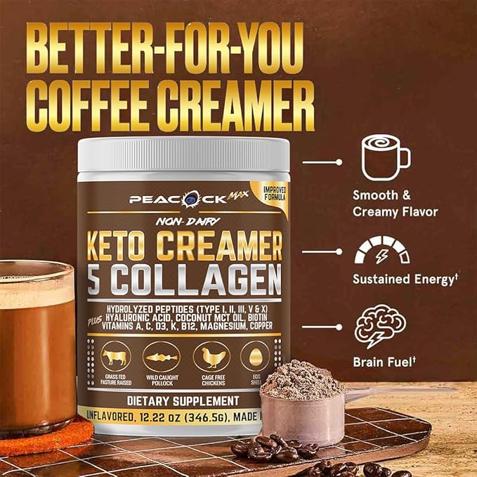 Peacock Max Collagen Keto Creamer Powder, Coconut MCT, Peptides, Unflavored, Hydrolyzed, B12, Magnesium (24.44 Ounces (Pack of 2))