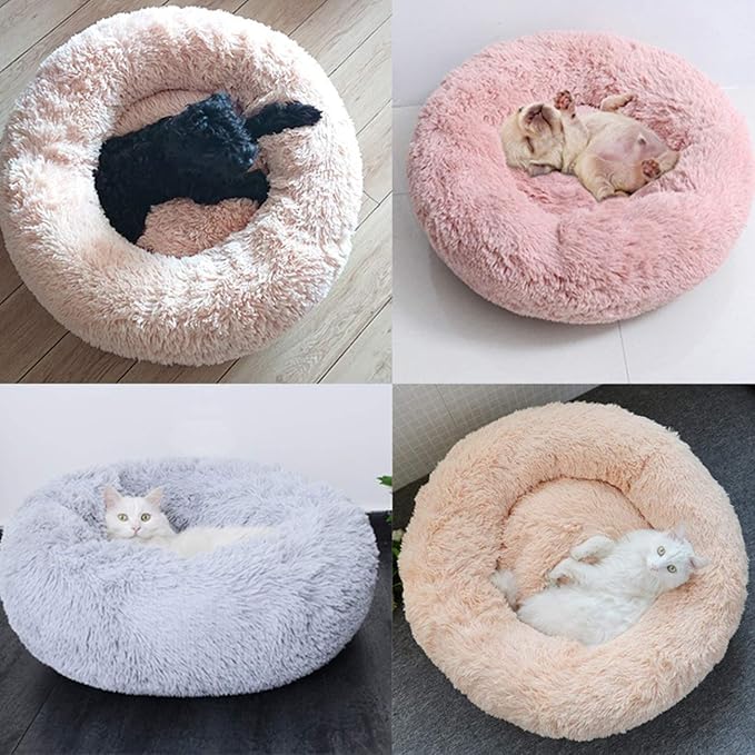 huraty Plush Dog Bed for Small Medium Dogs, Fluffy Donut Round Pet Cat Beds, Anti-Slip & Anti-Anxiety, 24 Inch for Puppy and Kitties, White, M
