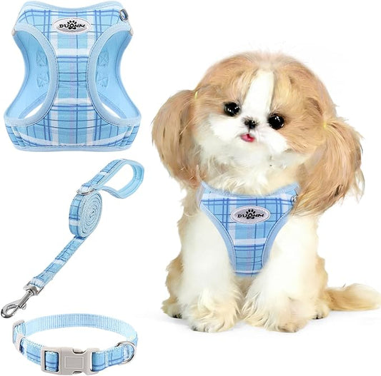 Gyuzh Dog Harness and Leash Set for Puppies - 3 Pieces Step in No Pull Vest & Collar, Extra Small Kitten Harness, Breathable Reflective Plaid, Padded Leash (Blue, S)