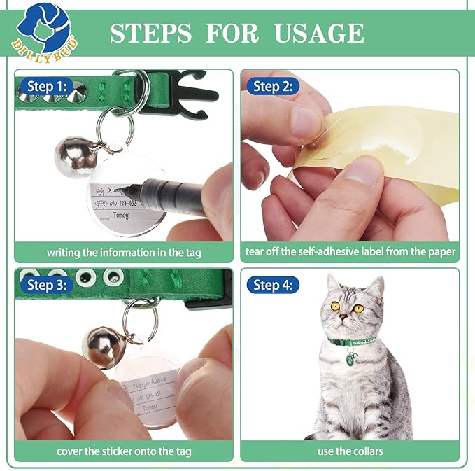 Leather Personalized Breakaway Cat Collar with Studded Bell and Safety Quick Release Buckle - Rivets Studded ID DIY Collars for Boy Girl Cats Kittens, 9" - 11.5" Green