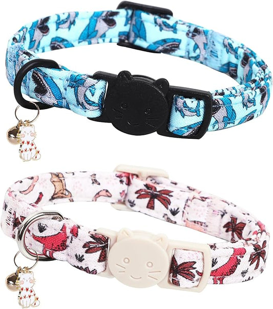 Cat Collar-2 Pack Collars Dinosaur & Shark Cat Collar Breakaway with Kitten and Bell Pendant Safety Buckle Pet Collar Cute Cotton Collar for Cats Gift and Small Pets