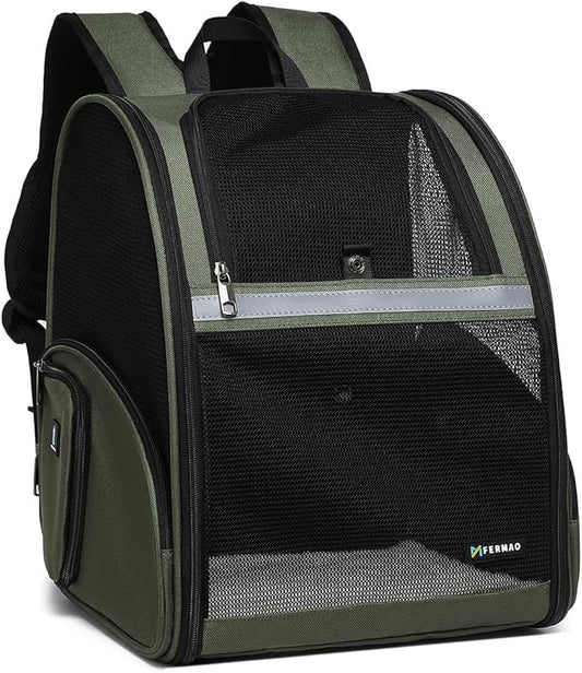Cat Backpack Carrier for Small Dogs and Medium cat Puppy Kitten Bunny Pet Carrier Backpack Collapsible with Fully Ventilated Mesh with Safety Leash (DarkGreen, 12.9" L x 10.62" W x 15.5" H - M)