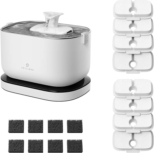 Bundle of PETLIBRO Cat Water Fountain, Cordless Pet Water Fountain Battery Operated+8 Packs Replacement Filters for Dockstream Cat Water Fountain WF005 WF115 WF105, 4 Months Set of Replacement Filters