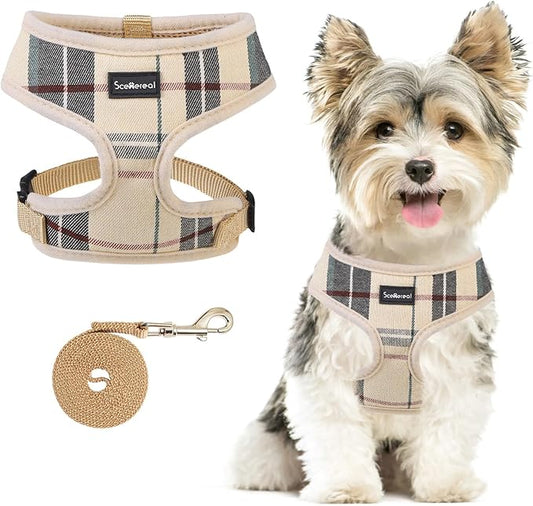 SCENEREAL Puppy Dog Harness with Leash Set for Small Medium Sized Dogs, Soft Mesh Pet Harnesses and Leash, No Chock Plaid No Pull Vest for Dogs Cats, Chihuahua,Bulldog (Beige S)