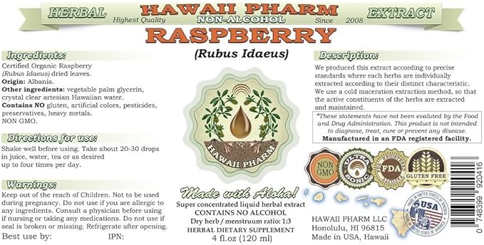 Raspberry Alcohol-Free Liquid Extract, Organic Raspberry (Rubus idaeus) Dried Leaf Glycerite Natural Herbal Supplement, Hawaii Pharm, USA 15x4 fl.oz