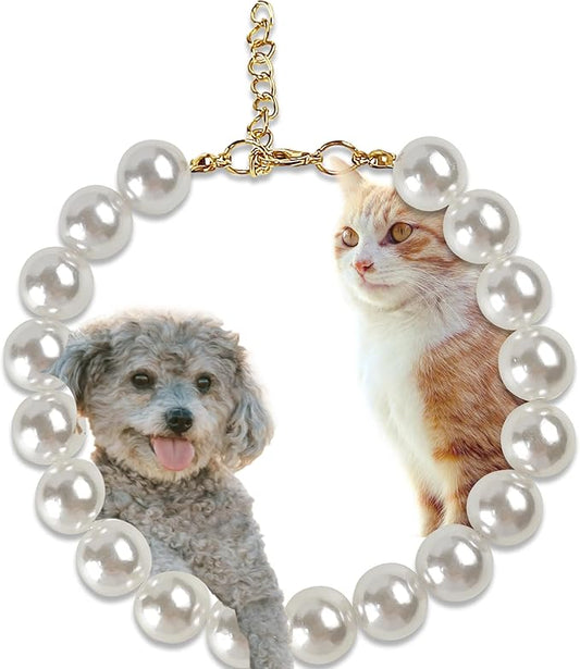 Chunky Pearl Dog Collar(0.55 Inch) for Small Dogs Cats, Adjustable Beaded Dog Collar Imitation White Pearls, Elegant Dog Jewelry Girl Accessories for XS Extra Small Dogs Necklace.