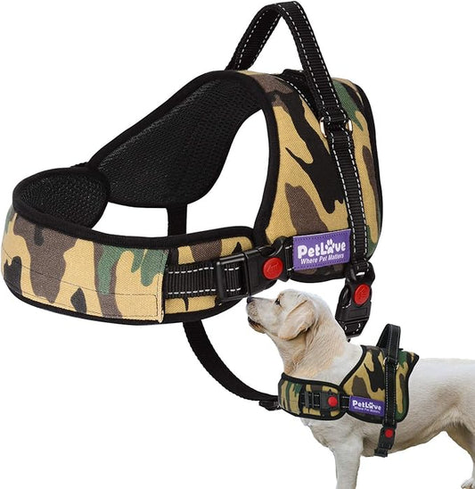 PetLove Dog Harness, Adjustable Soft Leash Padded No Pull Dog Harness for Small Medium Large Dogs, Camouflage