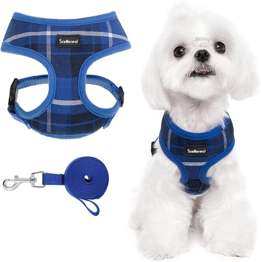 SCENEREAL Puppy Dog Harness with Leash Set for Small Medium Sized Dogs, Soft Mesh Pet Harnesses and Leash, No Chock Plaid Adjustable No Pull Vest for Dogs Cats, Chihuahua,Bulldog (Blue S)