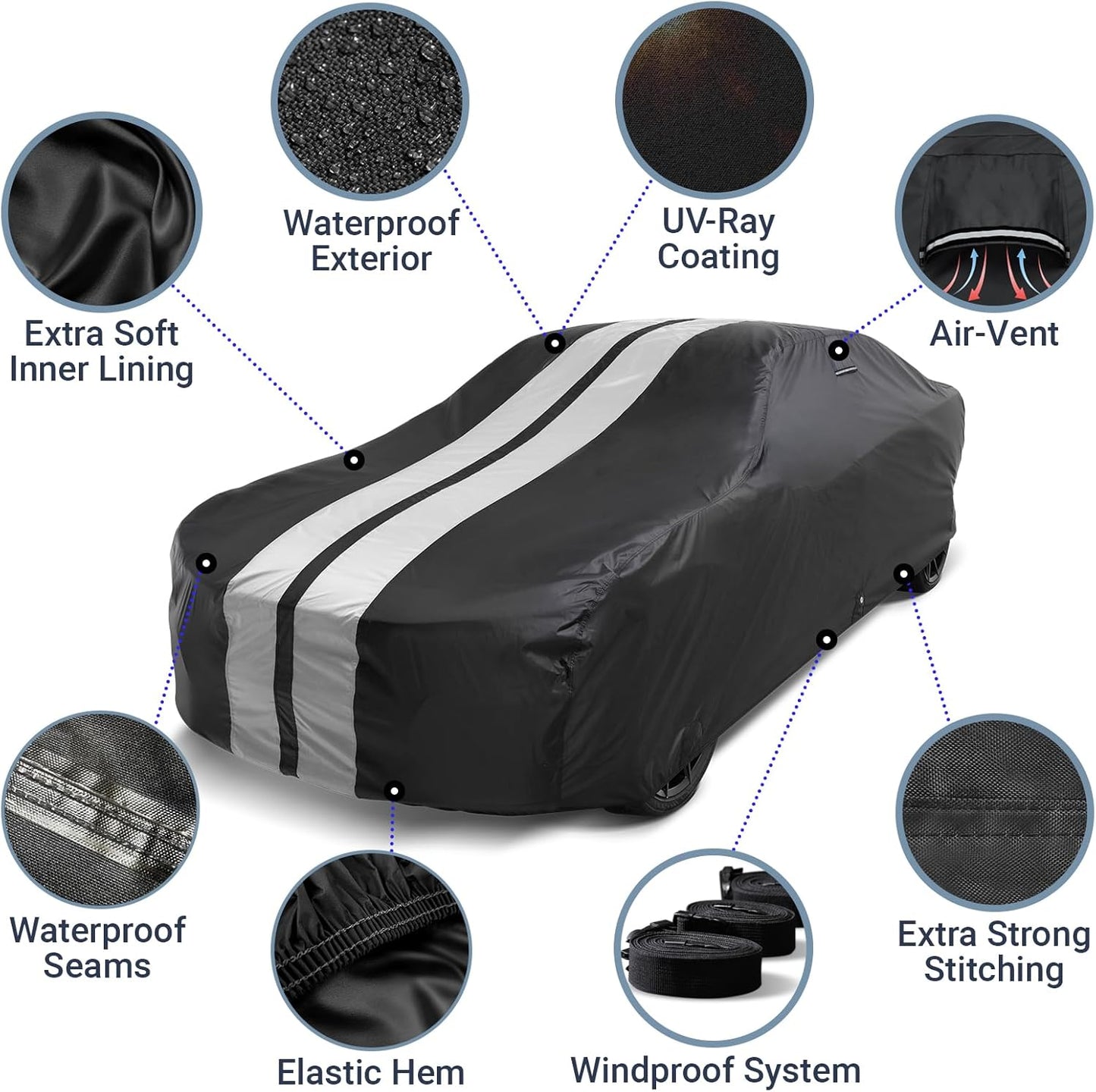 iCarCover Custom Car Cover for Pontiac Ventura (1960-1961) Waterproof All-Weather Rain Snow UV Sun Protector Full Exterior Indoor Outdoor Car Cover (Stripe - Black/Gray)