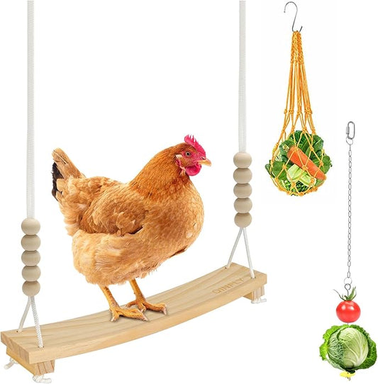 3PCS Chicken Toys for Coop Accessories,Chicken Swing, Vegetable Hanging Feeder,Chicken Veggies Skewer,Chicken Starter Kit for Chicken Coop,Run,Playground Must Haves