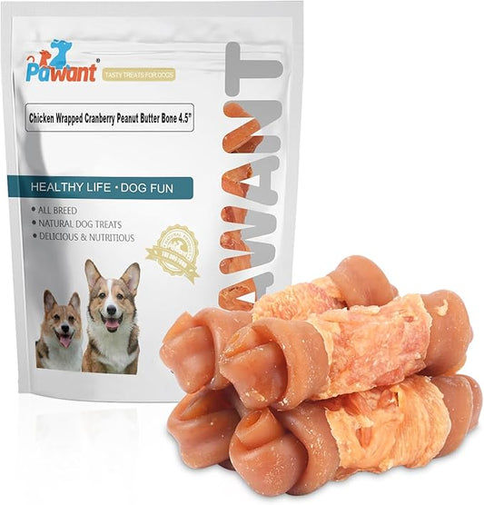 Chicken Wrapped Dog Treats with Cranberry & Peanut Butter – Natural Chewy Bone Long Lasting Snacks for Medium to Large Dogs 4.5" 454g/1lb