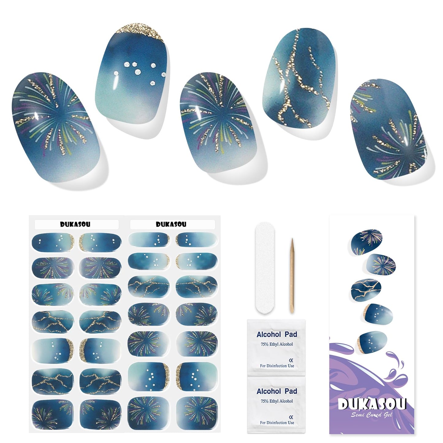 Dukasou Semi Cured Gel Nail Strips, 28 Pcs Stars Shine Gel Nail Strips Uv Need, Long Lasting Gel Nail Stickers Full Nail Wraps F