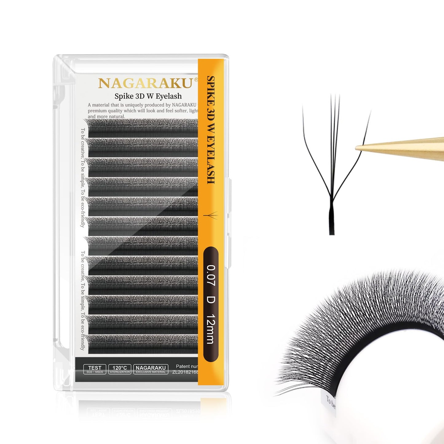 Nagaraku Eyelash Extensions Cluster 3D W Shape Triple-Core Volume Lashes Hand Woven Long Stem 0.07Mm D Curl 12Mm Matte Black Pre