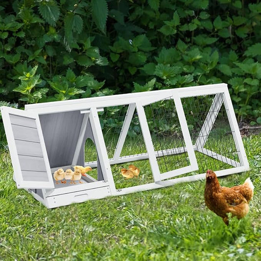 Chicken Run Coop,Wooden A-Frame Quail Cages Rabbit Hutch with Ventilating Wire & 3 Doors Indoor Outdoor Portable Playpen Run House for Duck Chick Poultry & Small Animals (Grey)