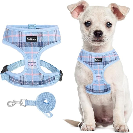 SCENEREAL Puppy Dog Harness with Leash Set for Small Medium Sized Dogs, Soft Mesh Pet Harnesses and Leash, No Chock Plaid Adjustable No Pull Vest for Dogs Cats, Chihuahua,Bulldog (Blue XS)