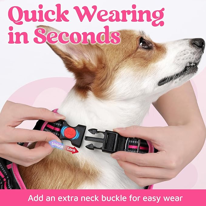 rabbitgoo Dog Harness Medium Sized, No Pull Dog Vest with 3 Buckles, Adjustable Soft Padded Pet Harness with Easy Control Handle and Reflective Strips, Black & Rose Pink, M