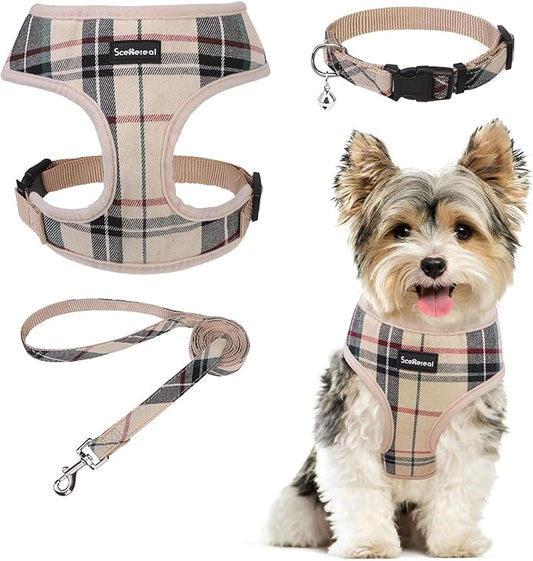 SCENEREAL No Pull Small Dog Harness Collar and Leash Set, Soft Mesh Plaid Puppy Harnesses for Fall Winter, No Chock Pet Vest for Outdoor Walking Training and Running, Beige S