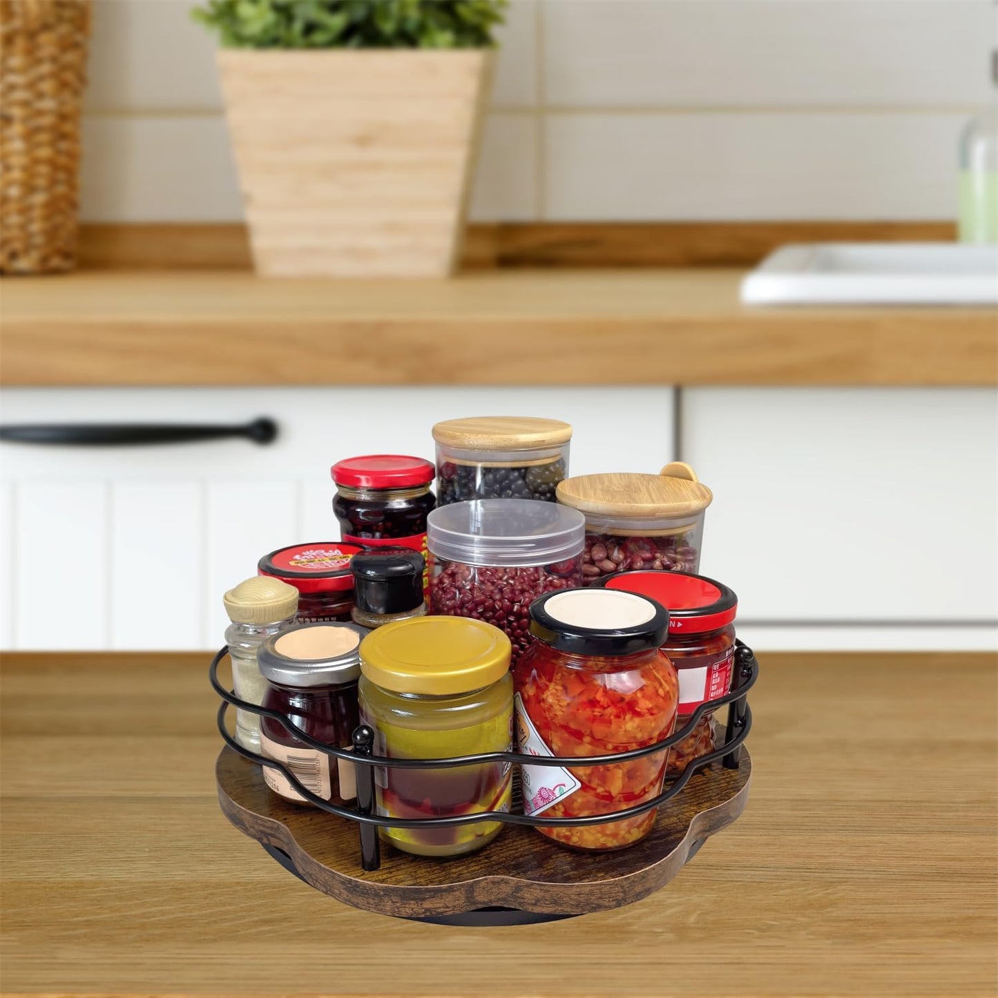 2 Pack, 11" & 12" Wooden Lazy Susan Turntable with Higher Metal Sides, 360° Rotating Lazy Susan Organization and Storage for Cabinet, Table Top, Kitchen, Countertop, Dining Table, Pantry, Coffee Bar