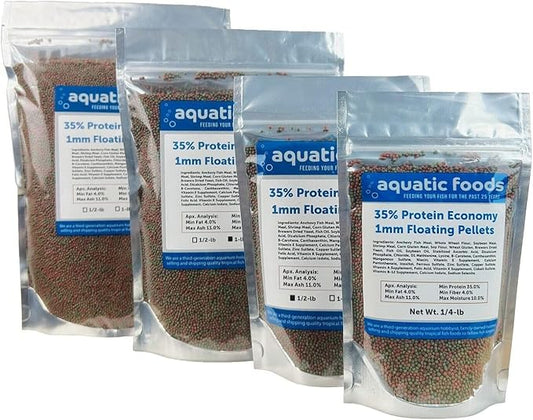 Aquatic Foods Inc. 1mm - 1/32, 35% Protein Economy Floating Pellets for All Community Fish, Tetras, Guppies, Angel Fish, Cichlids, Goldfish. All Tropical Fish - WL…1/4-lb Foil Pouch Bag