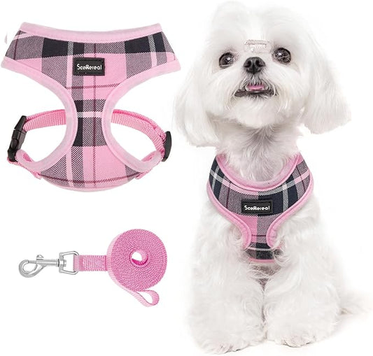 SCENEREAL Puppy Dog Harness with Leash Set for Small Medium Sized Dogs, Soft Mesh Pet Harnesses and Leash, No Chock Plaid Adjustable No Pull Vest for Dogs Cats, Chihuahua,Bulldog (Pink S)