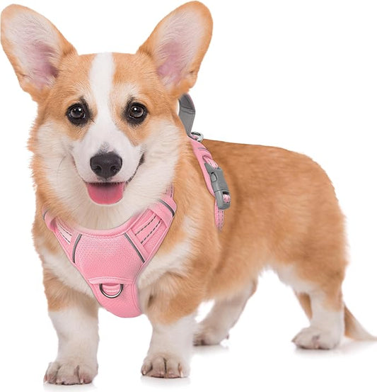 BARKBAY No Pull Dog Harness Large Reflective Dog Harness with Front Clip and Easy Control Handle for Walking Training Running with ID tag Pocket(Baby Pink,M)