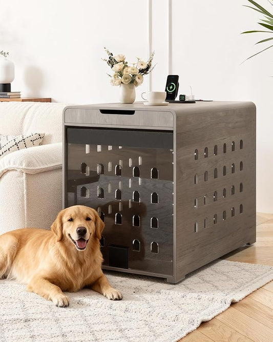 Modern Dog Crate Furniture with Charging Station Large Kennel Indoor with Flip-up Hidden Acrylic Door for Large and Medium Breeds up to 110lb Wood Pet End Side Table Cage, Grey