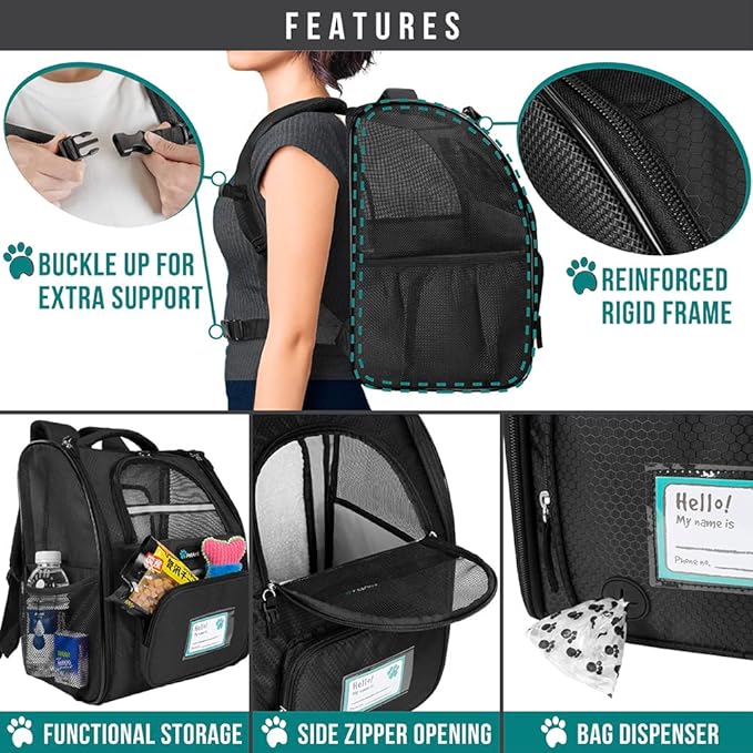PetAmi Dog Cat Backpack Carrier, Expandable Pet Carrier Backpack for Travel Hiking, Small Medium Dog Puppy Large Cat Carrying Backpack, Airline Approved Ventilated Soft Back Support, 18 lbs, Black
