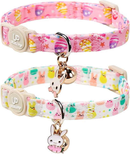 Cat Collar,2Pack Easter Day Cat Collars Cute Breakaway Kitty Collars,Spring Pink Easter Eggs Cat Collar with Bell, Cute Bunny Kitten Collars with Safety Buckle for Girl & Boy Cats