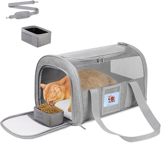 Cat Carrier Soft for Pets Up to 25 Lbs, Cat Travel Bag with Padded Shoulder Strap and Detachable Cat Food Bowl, Pet Dog Carriers for Small Dogs Travel Puppy Carry Airline Approved, Grey
