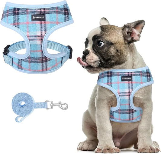SCENEREAL Puppy Dog Harness with Leash Set for Small Medium Sized Dogs, Soft Mesh Pet Harnesses and Leash, No Chock Plaid Adjustable No Pull Vest for Dogs Cats, Chihuahua,Bulldog (Blue M)