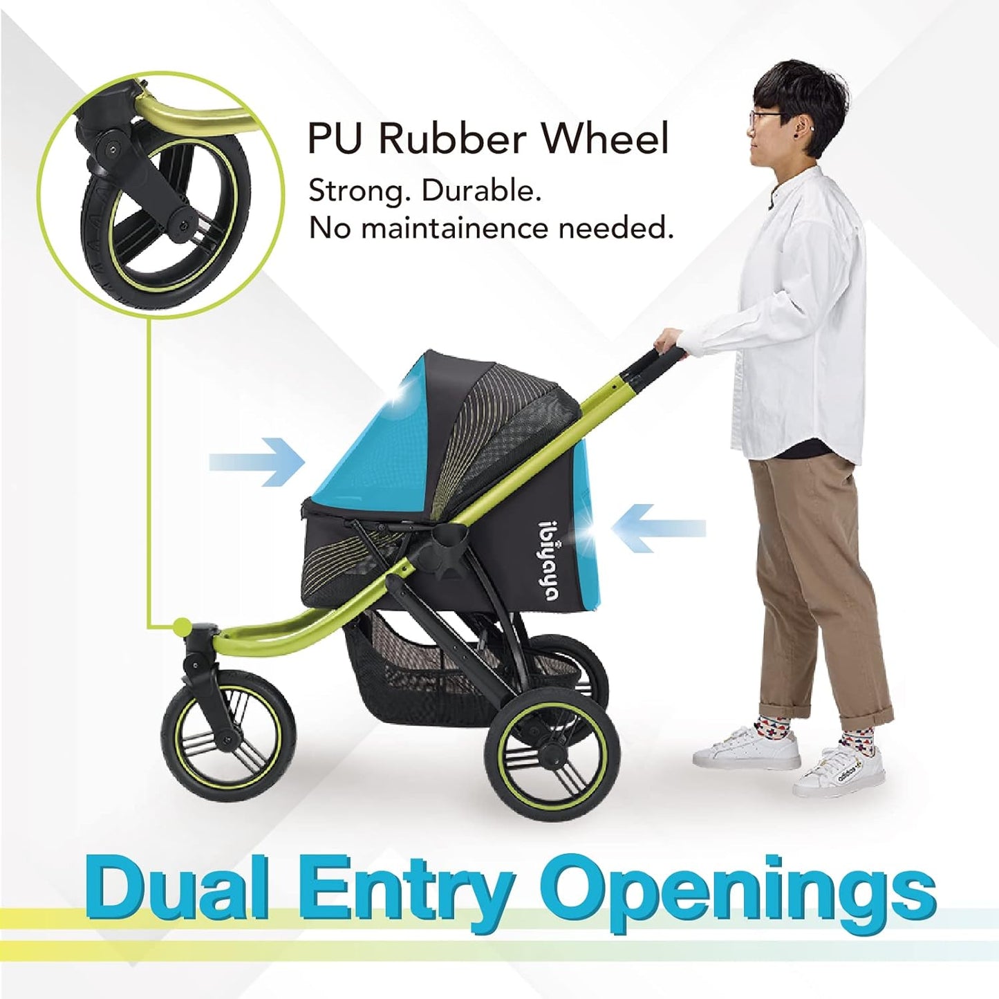 ibiyaya The Beast Pet Jogging Stroller for All Terrains, 3-Wheel Dog Carrier with Double Breaks, Zipperless Large Stroller for Running & Hiking, Multiple Small Dogs, Medium Dogs, or Cats (Jet Black)