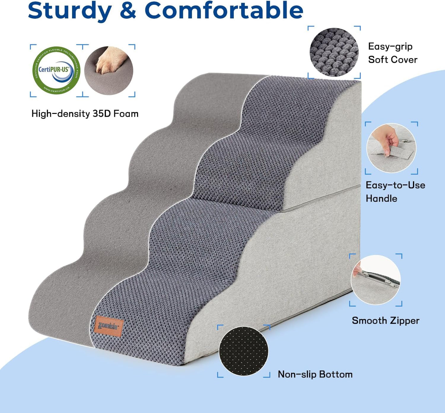 Dog Stairs Ramp for Bed 19.7" H - Pet Stairs Steps for Small to Medium Dogs to Get on Bed and Couch, 35D Foam with Non-Slip Bottom Brown, 4 Steps