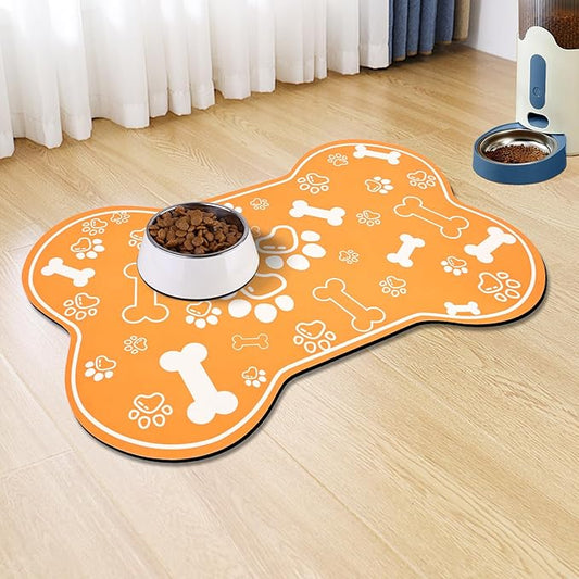 Dog Cat Mat for Food and Water,Rapid Absorbent Pet Feeding Mat, Bone Shaped Dog Placemat Bowl Mat with Rubber Backing,No Stains Pet Food Mats Indoor, Pet Accessories Supplies,Orange 16"×24"