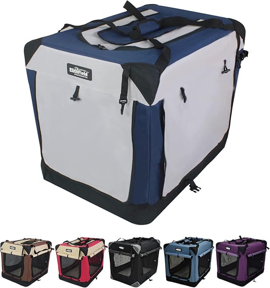 EliteField 4-Door Folding Soft Dog Crate with Curtains, Carrying Bag and Fleece Bed (2 Year Warranty), Indoor & Outdoor Pet Home (20" L x 14" W x 14" H, Navy Blue+Gray)