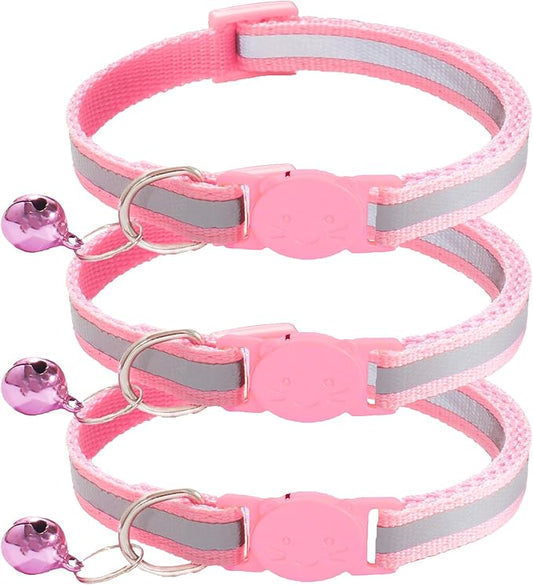 3 Pack Reflective and Breakaway Cat Collars with Bells，Adjustable Kitten Collars from 7.5 to 12.5 Inches, Ideal of Kitten Collar, Suitable for Girls and Boys (Pink)